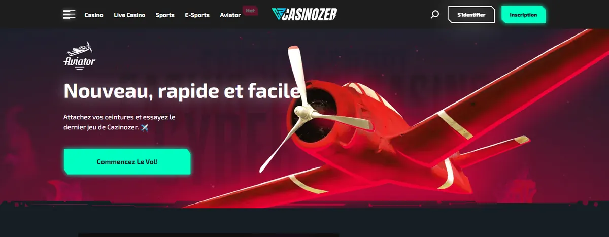 Page spéciale Aviator de Casinozer avec l'avion rouge, le titre Nouveau, rapide et facile et le bouton Commencez le vol