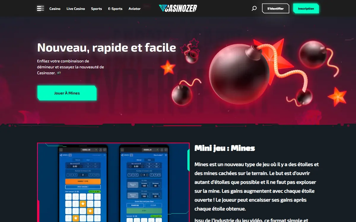 Page spéciale Mines de Casinozer avec une bombe rouge, le bouton Jouer à Mines et deux écrans du jeu en mode manuel et automatique