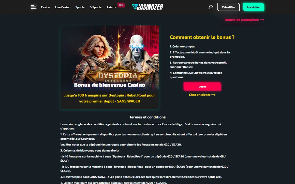 Page Bonus de bienvenue Casino de Casinozer avec le visuel Dystopia, les quatre étapes et les termes et conditions