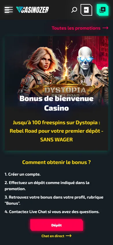 Page du bonus de bienvenue casino de Casinozer sur mobile avec jusqu'à 100 freespins sur Dystopia: Rebel Road sans wager