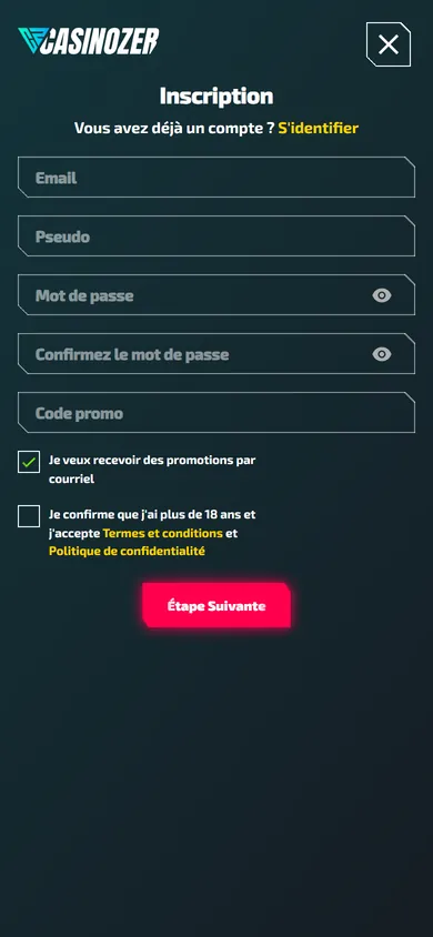 Formulaire d'inscription Casinozer sur mobile avec Email, Pseudo, Mot de passe, Confirmez le mot de passe et Code promo