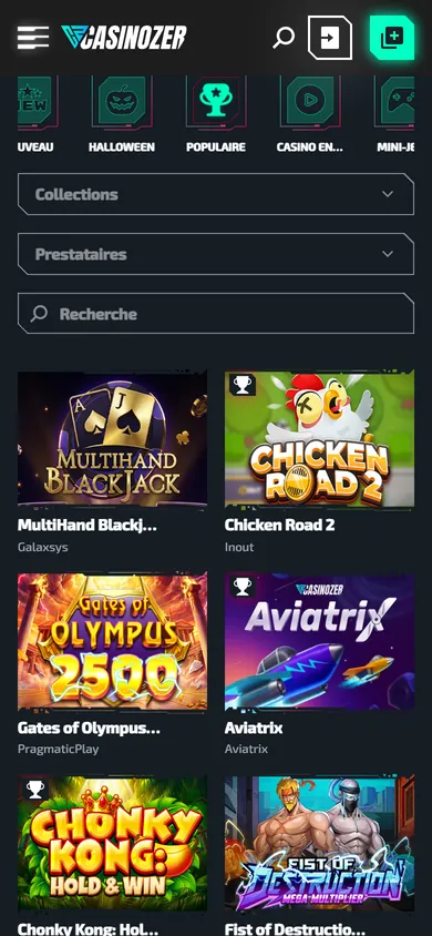 Lobby mobile de Casinozer avec les catégories, les filtres Collections et Fournisseurs et les jeux MultiHand Blackjack, Chicken Road 2 et Gates of Olympus 2500
