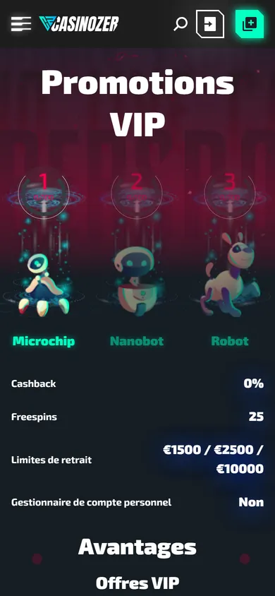 Page Promotions VIP de Casinozer sur mobile avec les rangs Microchip, Nanobot et Robot, le cashback et les limites de retrait